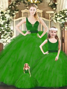 Sexy Green Ball Gowns V-neck Sleeveless Organza Floor Length Zipper Beading and Ruffles Sweet 16 Dress