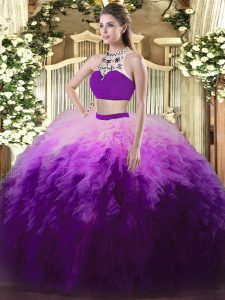 Discount Tulle Sleeveless Floor Length Sweet 16 Quinceanera Dress and Beading and Ruffles