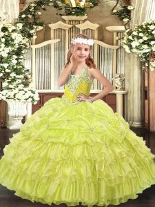 Hot Sale Floor Length Lace Up Girls Pageant Dresses Yellow Green for Party and Quinceanera with Beading and Ruffled Layers and Pick Ups