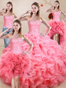 Sleeveless Floor Length Beading and Ruffles and Ruching Lace Up Quinceanera Gowns with Baby Pink