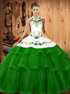 Edgy Green Vestidos de Quinceanera Organza Sweep Train Sleeveless Embroidery and Ruffled Layers