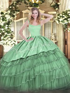 Sexy Ball Gowns Sweet 16 Dress Green Straps Organza Sleeveless Floor Length Zipper