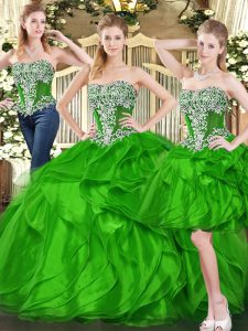 Pretty Organza Sweetheart Sleeveless Lace Up Ruffles 15th Birthday Dress in Green