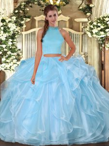 Comfortable Organza Halter Top Sleeveless Backless Beading and Ruffles Quince Ball Gowns in Light Blue
