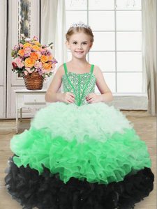 Trendy Floor Length Multi-color Little Girls Pageant Dress Organza Sleeveless Beading and Ruffles