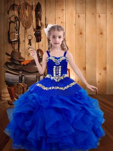 Royal Blue Ball Gowns Straps Sleeveless Organza Floor Length Lace Up Embroidery and Ruffles Pageant Gowns For Girls