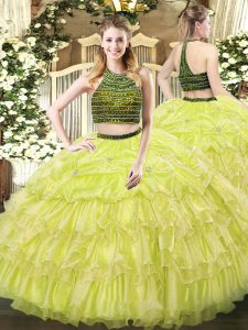 Adorable Yellow Green Quinceanera Dress Military Ball and Sweet 16 and Quinceanera with Beading and Ruffled Layers Halter Top Sleeveless Zipper