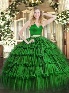 Green Two Pieces Halter Top Sleeveless Organza Floor Length Zipper Ruffled Layers Sweet 16 Quinceanera Dress