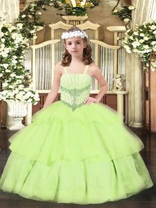 Enchanting Floor Length Ball Gowns Sleeveless Yellow Green Child Pageant Dress Lace Up