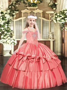 Super Coral Red Lace Up Pageant Gowns For Girls Beading and Ruffled Layers Sleeveless Floor Length