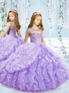 Glorious Lavender Ball Gowns Organza Scoop Sleeveless Beading and Ruffles and Pick Ups Floor Length Lace Up Child Pageant Dress