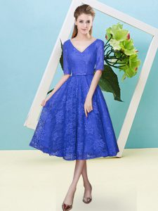 Beautiful Half Sleeves Tea Length Bowknot Lace Up Dama Dress with Royal Blue