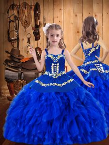 Floor Length Royal Blue High School Pageant Dress Organza Sleeveless Embroidery and Ruffles