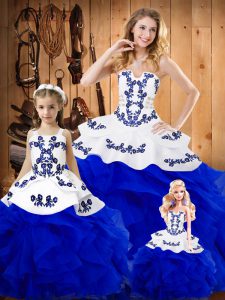 New Arrival Tulle Strapless Sleeveless Lace Up Embroidery and Ruffles Sweet 16 Dresses in Royal Blue