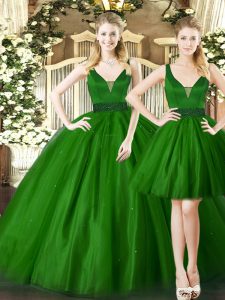 Unique Floor Length Lace Up Sweet 16 Quinceanera Dress Dark Green for Military Ball and Sweet 16 and Quinceanera with Ruching