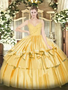 Gold Taffeta Zipper Quinceanera Gowns Sleeveless Floor Length Ruffled Layers