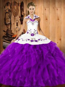 Eggplant Purple Sleeveless Embroidery and Ruffles Floor Length Ball Gown Prom Dress