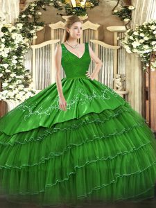 Discount Green Satin and Tulle Zipper Sweet 16 Quinceanera Dress Sleeveless Floor Length Beading and Embroidery and Ruffled Layers