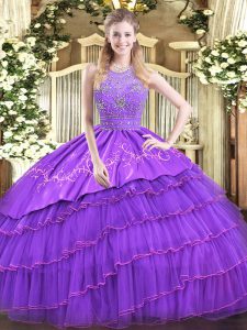 Beauteous Lavender Ball Gowns Satin and Tulle Halter Top Sleeveless Beading and Embroidery and Ruffled Layers Floor Length Zipper Quinceanera Dresses