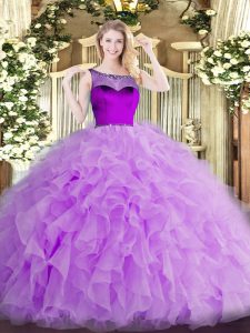 Glamorous Lavender Sleeveless Beading and Ruffles and Hand Made Flower Floor Length 15 Quinceanera Dress
