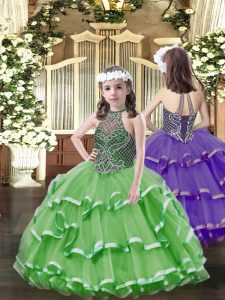 Latest Floor Length Lace Up Pageant Dress Wholesale Green for Party and Quinceanera with Beading and Ruffled Layers