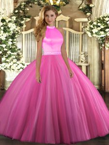 Luxurious Floor Length Rose Pink Sweet 16 Quinceanera Dress Halter Top Sleeveless Backless