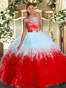 Flirting Multi-color Organza Backless Ball Gown Prom Dress Sleeveless Floor Length Lace and Ruffles