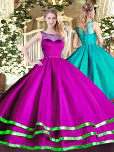 Colorful Fuchsia Organza Lace Up Scoop Sleeveless Floor Length Ball Gown Prom Dress Beading and Ruffled Layers