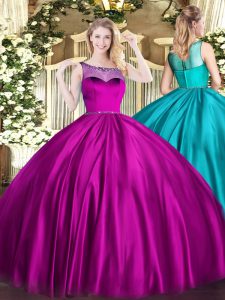 Sophisticated Satin Scoop Sleeveless Zipper Beading Quinceanera Gown in Fuchsia