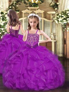 Fuchsia Organza Lace Up Straps Sleeveless Floor Length Child Pageant Dress Beading and Ruffles