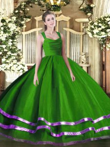 Nice Floor Length Zipper Quinceanera Gown Green for Sweet 16 and Quinceanera with Ruffled Layers