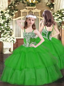 Fashion Floor Length Green Pageant Gowns Straps Sleeveless Lace Up
