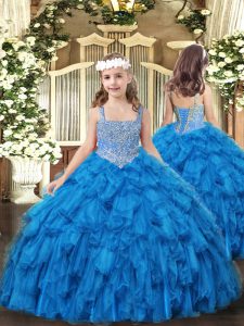 Trendy Floor Length Ball Gowns Sleeveless Baby Blue Girls Pageant Dresses Lace Up