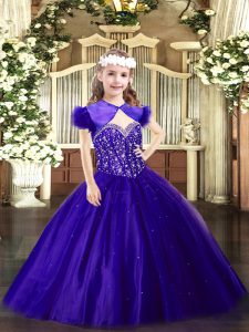 Purple Ball Gowns Tulle Straps Sleeveless Beading Floor Length Lace Up Little Girl Pageant Gowns