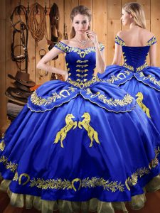 Classical Royal Blue Ball Gowns Beading and Embroidery 15 Quinceanera Dress Lace Up Satin and Organza Sleeveless Floor Length
