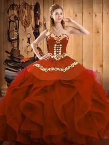 Charming Rust Red Sleeveless Embroidery and Ruffles Floor Length 15th Birthday Dress