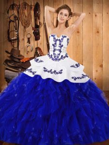 Blue And White Strapless Lace Up Embroidery and Ruffles Quinceanera Gowns Sleeveless