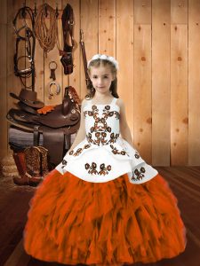 Orange Red Sleeveless Floor Length Embroidery and Ruffles Lace Up Little Girls Pageant Dress Wholesale