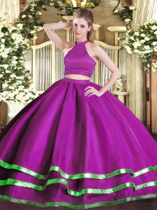 Dazzling Fuchsia Sleeveless Floor Length Beading Backless Quinceanera Gowns