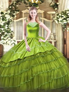 Beading and Embroidery 15 Quinceanera Dress Olive Green Side Zipper Sleeveless Floor Length