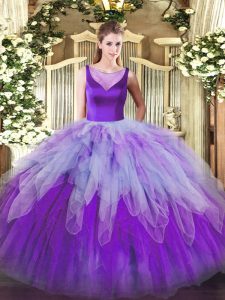 Multi-color Ball Gowns Organza Scoop Sleeveless Beading and Ruffles Floor Length Side Zipper Quince Ball Gowns