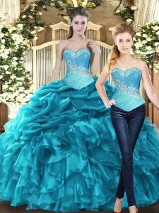 Sleeveless Tulle Floor Length Lace Up Sweet 16 Quinceanera Dress in Teal with Beading and Ruffles
