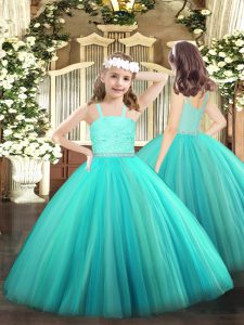 Turquoise Ball Gowns Straps Sleeveless Tulle Floor Length Zipper Beading and Lace Child Pageant Dress