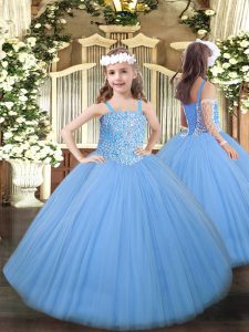 Lovely Floor Length Lace Up Little Girls Pageant Dress Wholesale Baby Blue for Party and Quinceanera with Beading