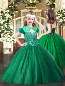 Dark Green Straps Neckline Beading Girls Pageant Dresses Sleeveless Lace Up