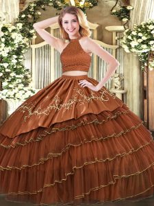 Halter Top Sleeveless Backless Sweet 16 Dress Brown Organza