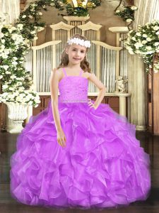 Floor Length Lavender Pageant Dress for Teens Organza Sleeveless Beading and Lace and Ruffles