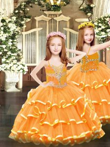 Orange Sleeveless Beading and Ruffled Layers Floor Length Evening Gowns