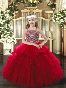 Popular Floor Length Ball Gowns Sleeveless Wine Red Kids Formal Wear Lace Up