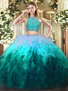 On Sale Sleeveless Floor Length Beading and Ruffles Zipper Sweet 16 Dresses with Multi-color